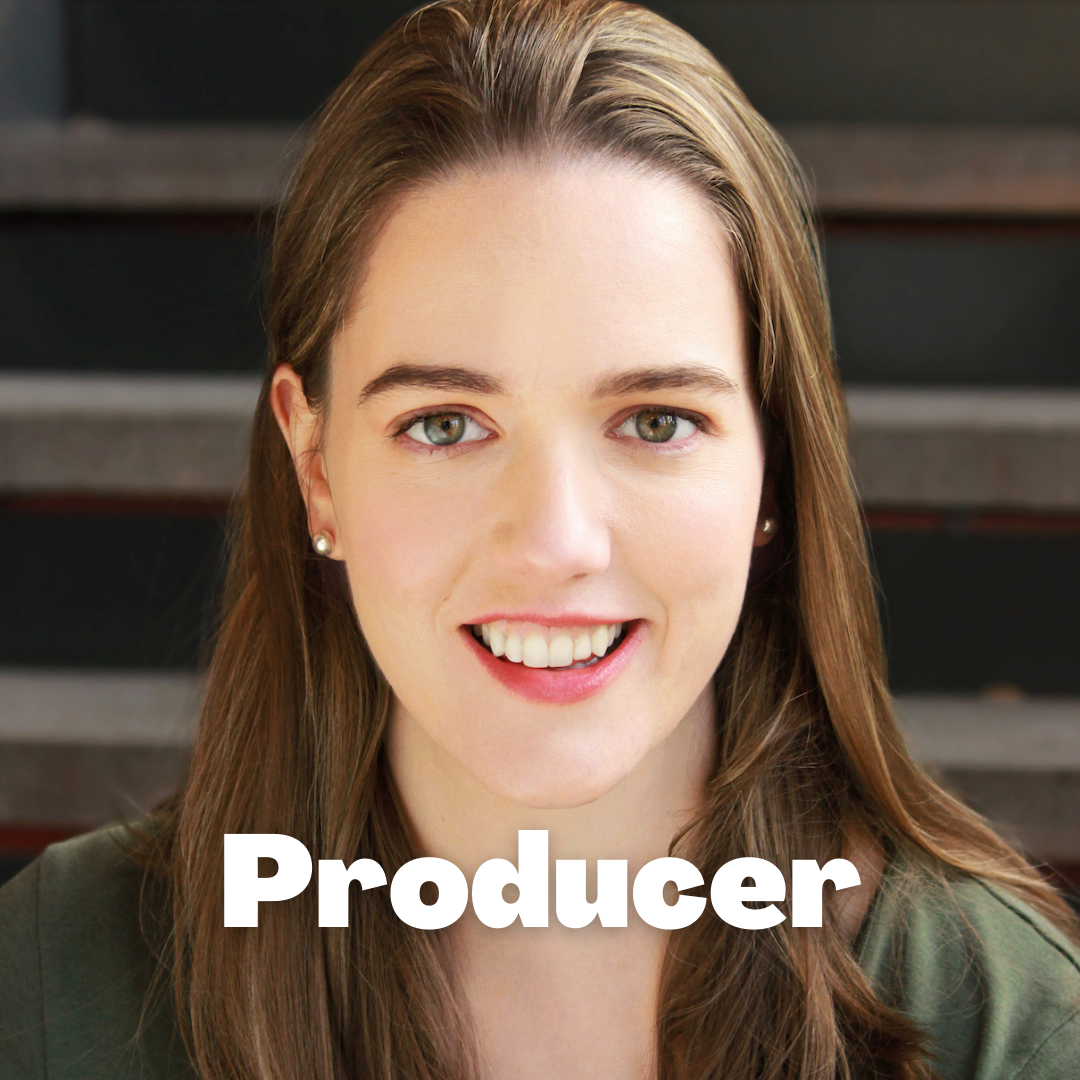 A headshot of a white skinned woman with light brown hair. Text reads: Producer.
